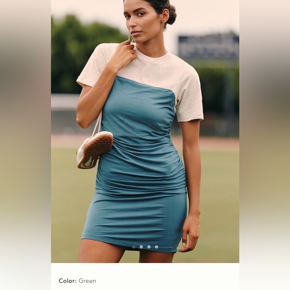 NWT new small Anthropologie side ruched short sleeve dress tee green blue teal